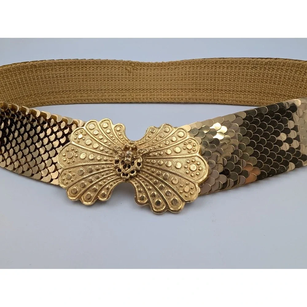 VTG Accessocraft Gold Tone Belt Fish Scale Sequins Metal‎ Ornate Buckle Etruscan